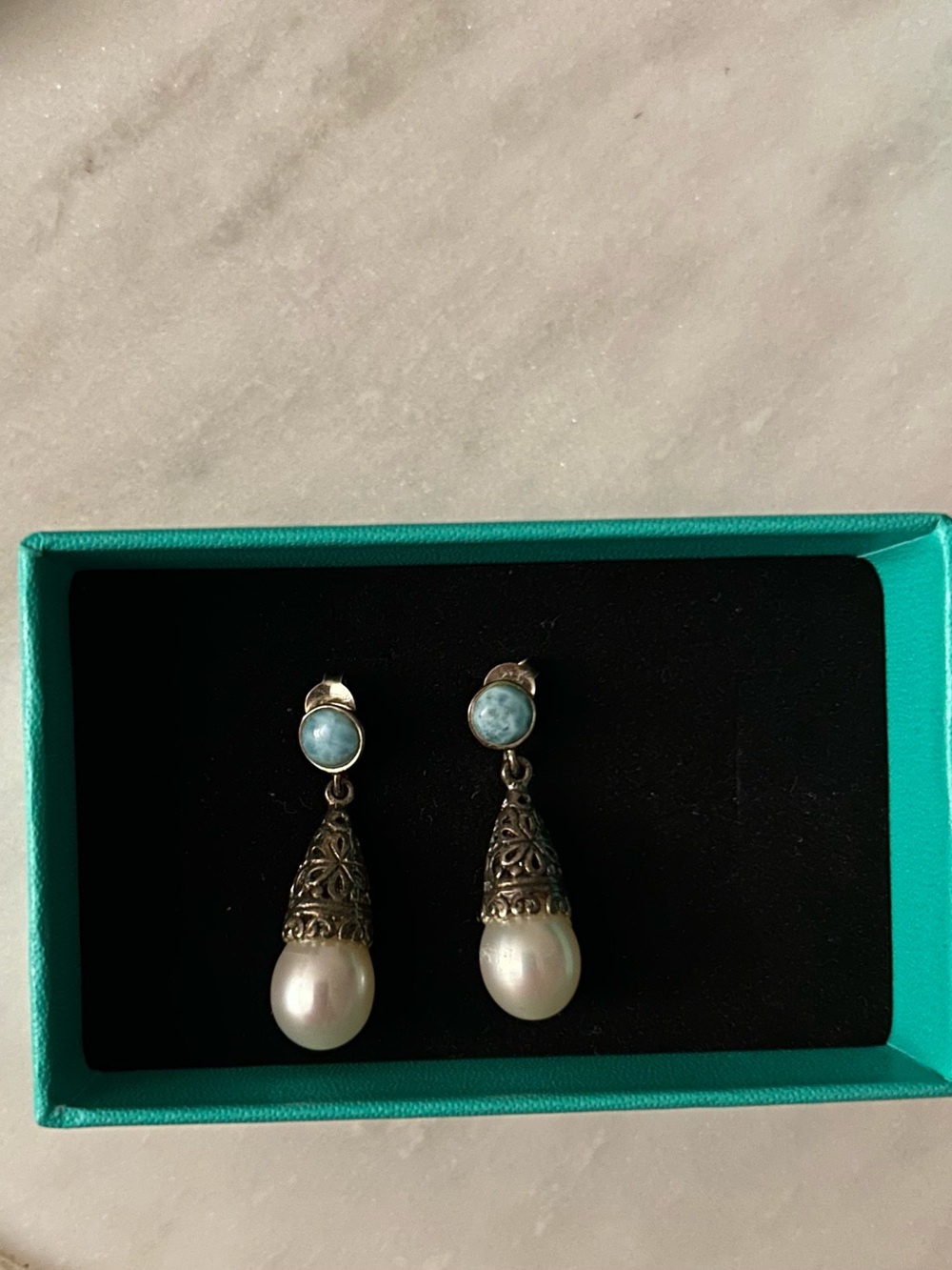 Pearl Drop Earrings with Turquoise Stone Accent - Women Jewelry